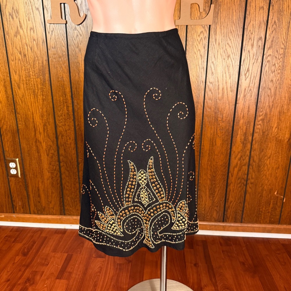 Black Boho Western Beaded Midi Skirt Willi Smith Womens Size 6 Linen Blend Flowy